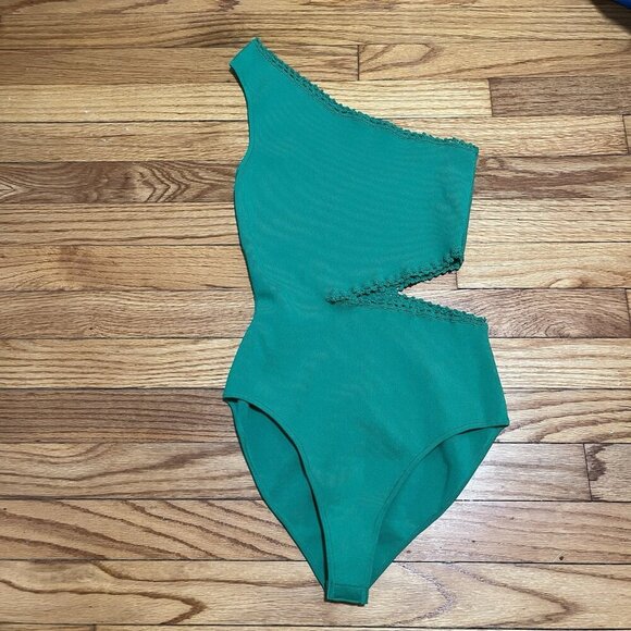 Maje Cut-Out Green Knit Asymmetrical‎ Strap Bodysuit Size 1 (Small) - Picture 3 of 8